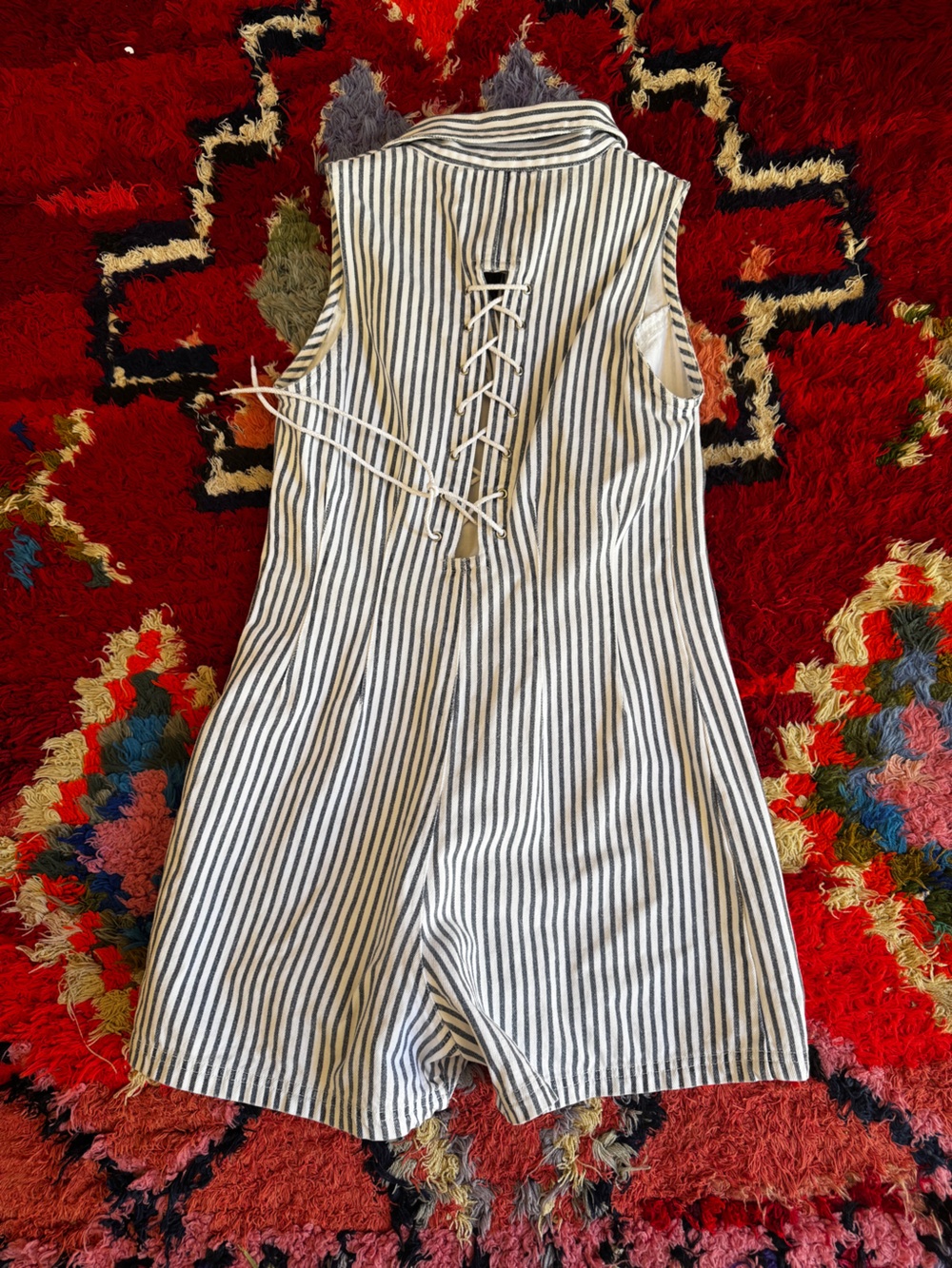 90s Vintage White and Blue Striped Denim Romper Sz Sm - Picture 3 of 10